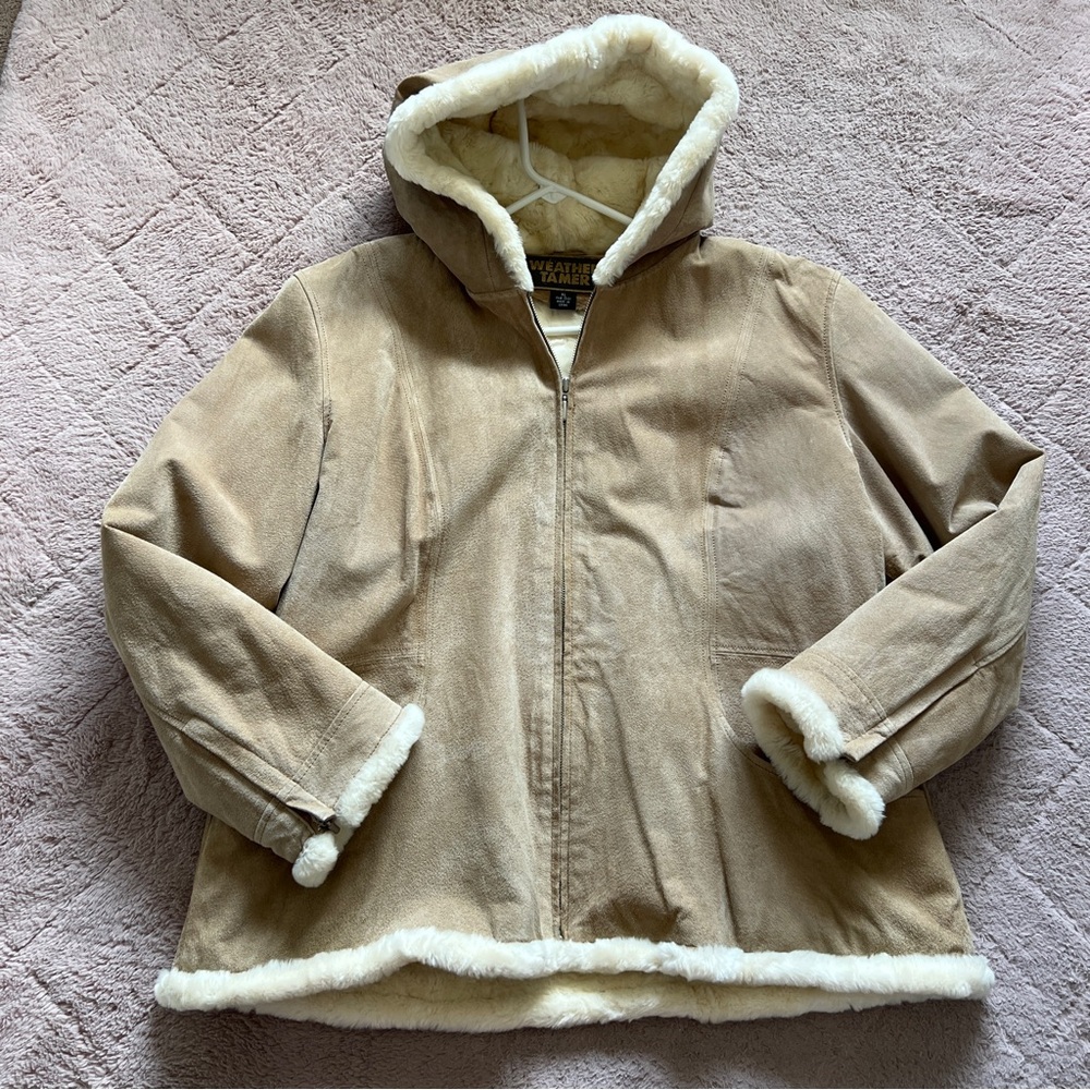 Classic Tan Hooded Teddy Jacket with Cream Sherpa Trim